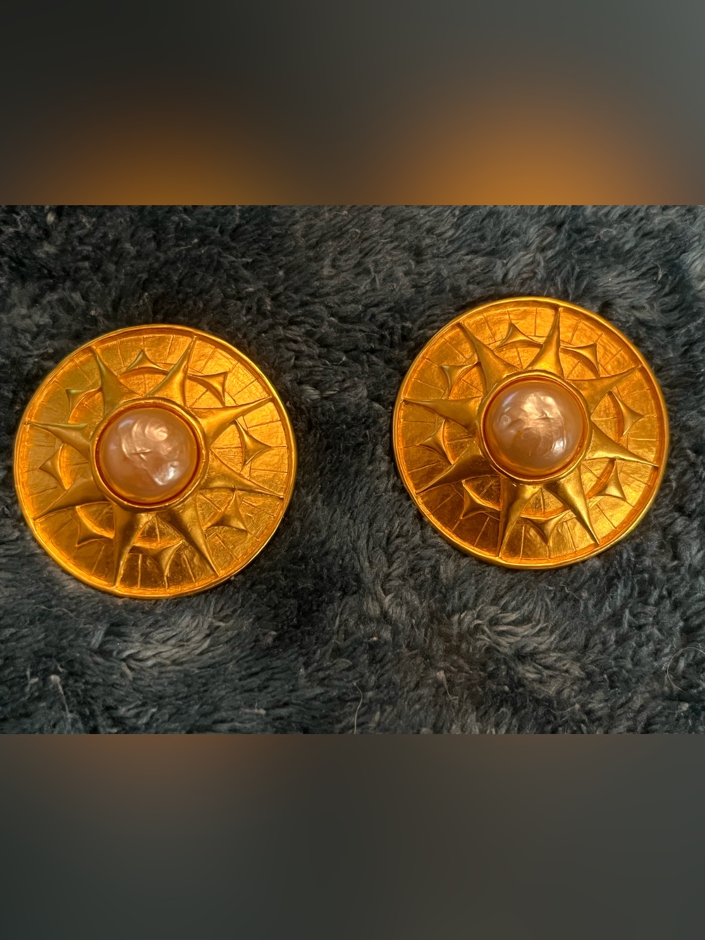 Karl Lagerfeld Gold Plated Signed Clip-On Earrings with Large Faux Pearls